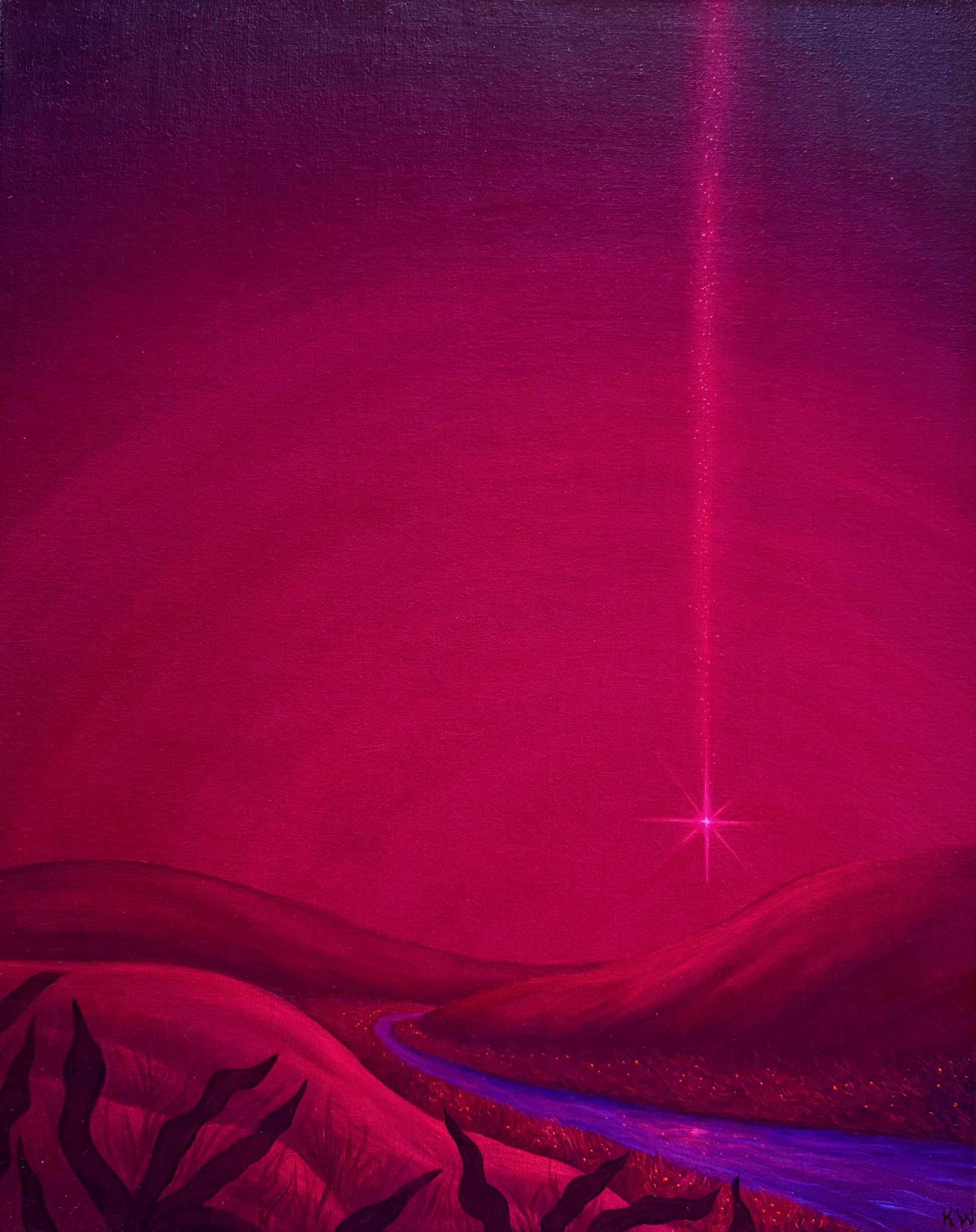 A surreal landscape painting featuring a vibrant magenta and purple sky with a vertical beam of light shining down to a star on the horizon. In the foreground, rolling hills and dark silhouetted plants are rendered in deep magenta and purple tones.