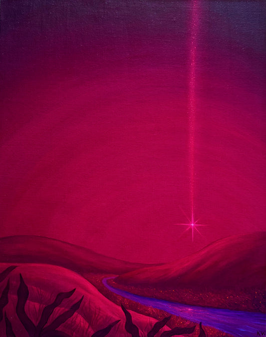 A surreal landscape painting featuring a vibrant magenta and purple sky with a vertical beam of light shining down to a star on the horizon. In the foreground, rolling hills and dark silhouetted plants are rendered in deep magenta and purple tones.